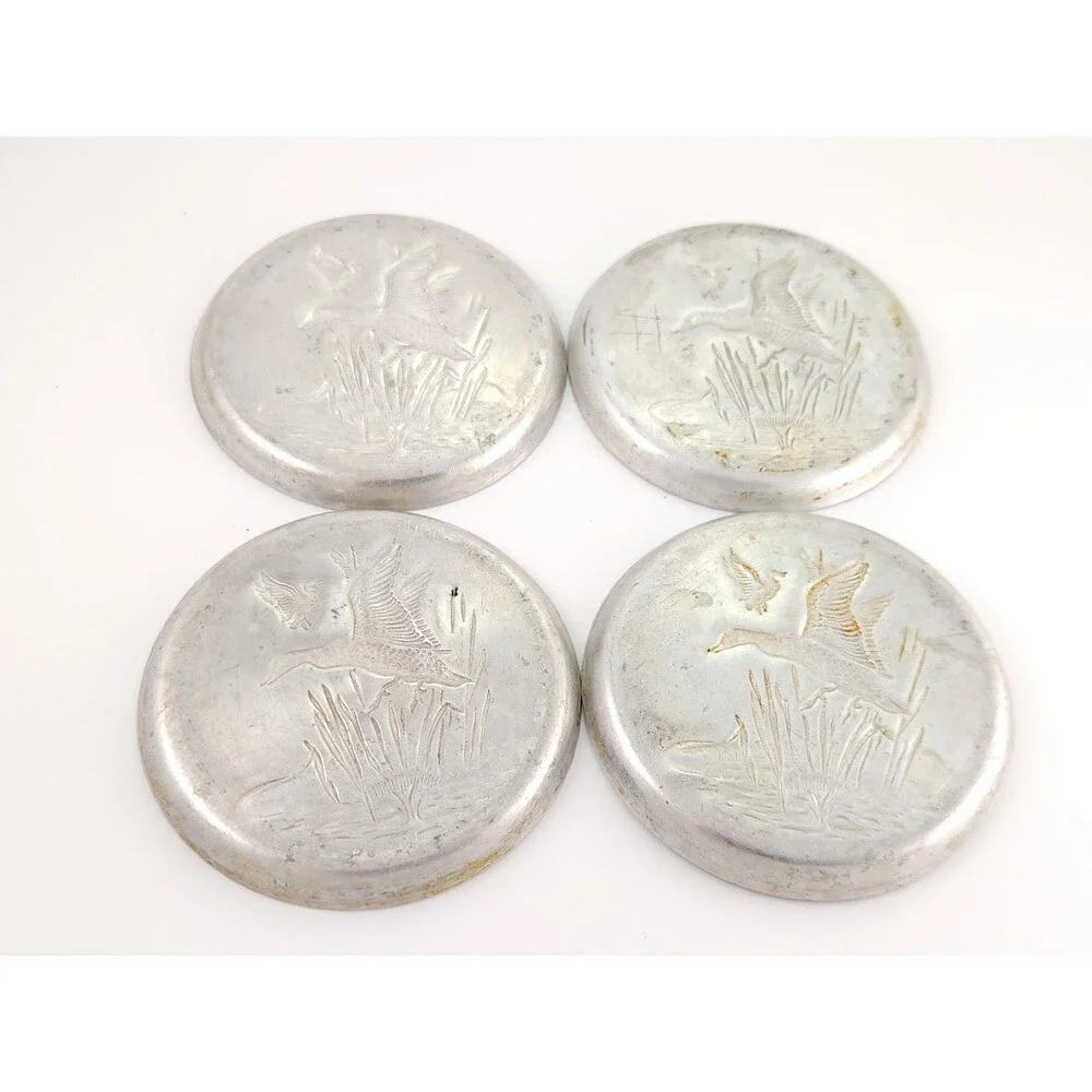 Vintage Stamped Aluminum Coasters Set of 4 Flying Mallard Ducks Marsh Cabin MCM